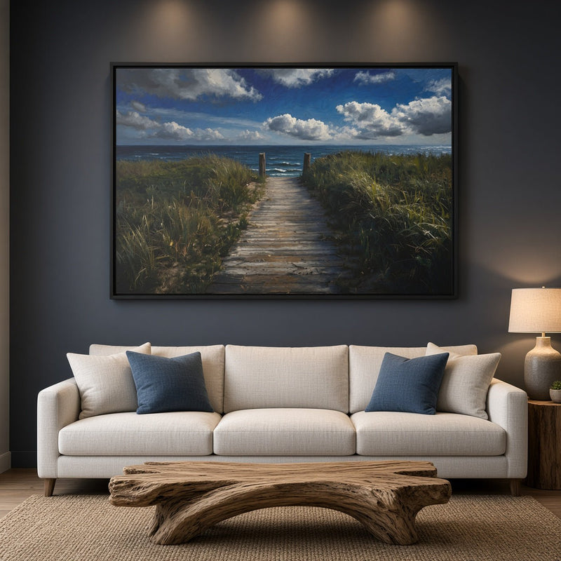 Framed ocean view canvas with black border, sandy path through dunes toward the sea.