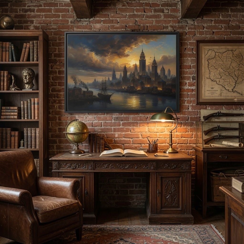 Black-framed matte canvas featuring vintage skyline with tall spires and calm river