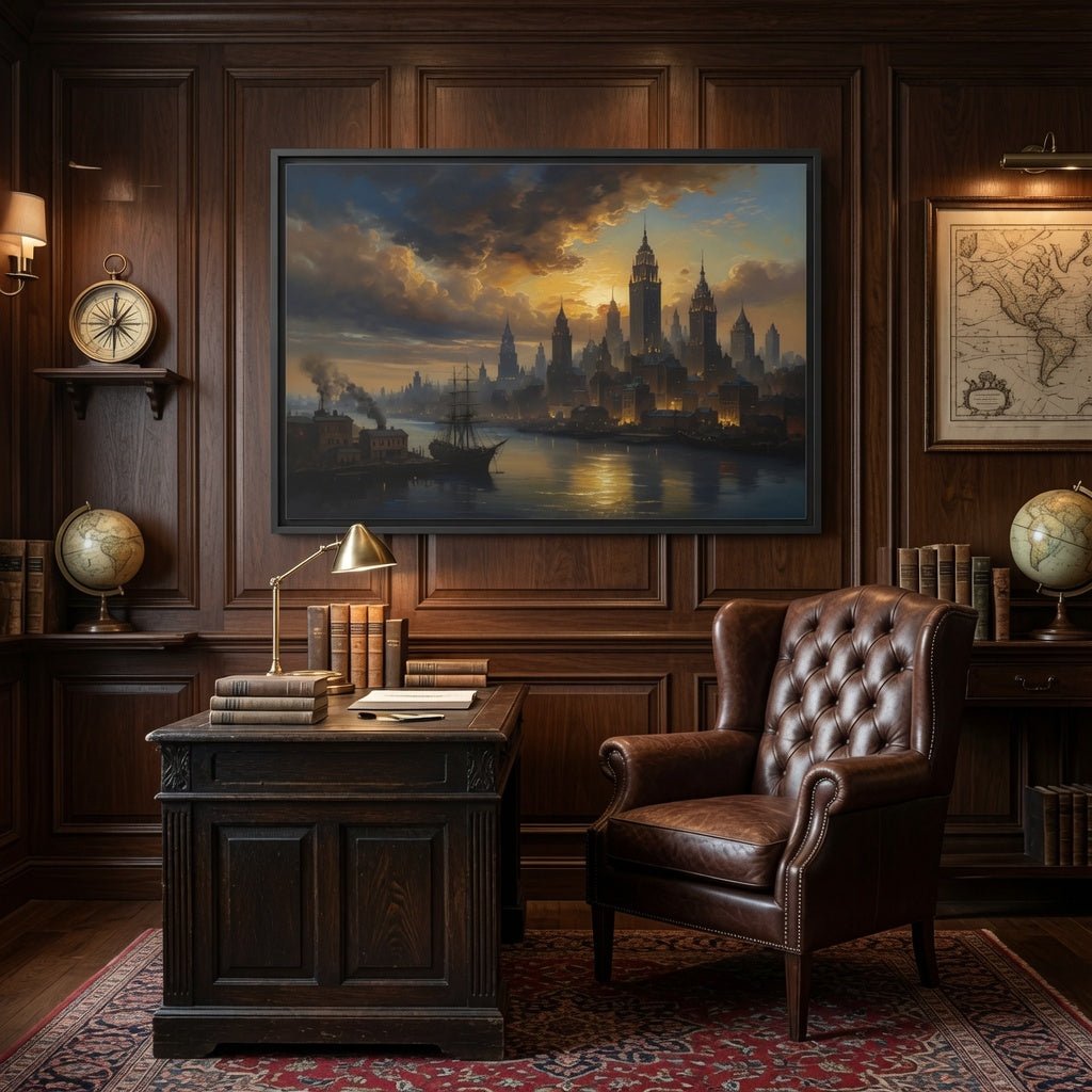 Black-framed matte canvas landscape wall art with historic skyline and golden evening light
