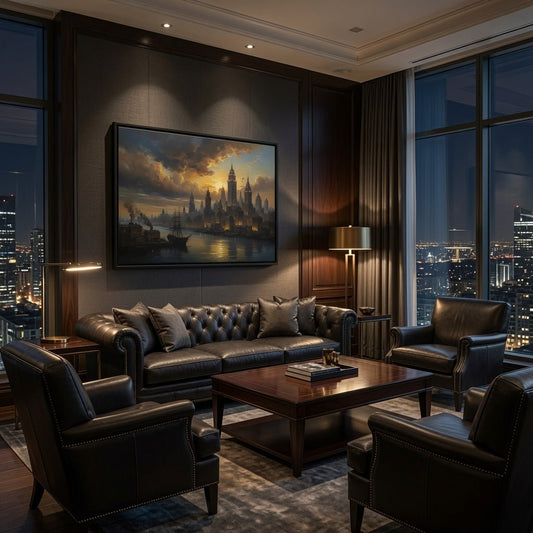 Black-framed matte canvas featuring vintage skyline with tall buildings beside a river