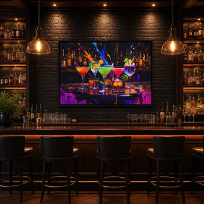 Colorful cocktail art print in a black frame, displayed behind a bar
