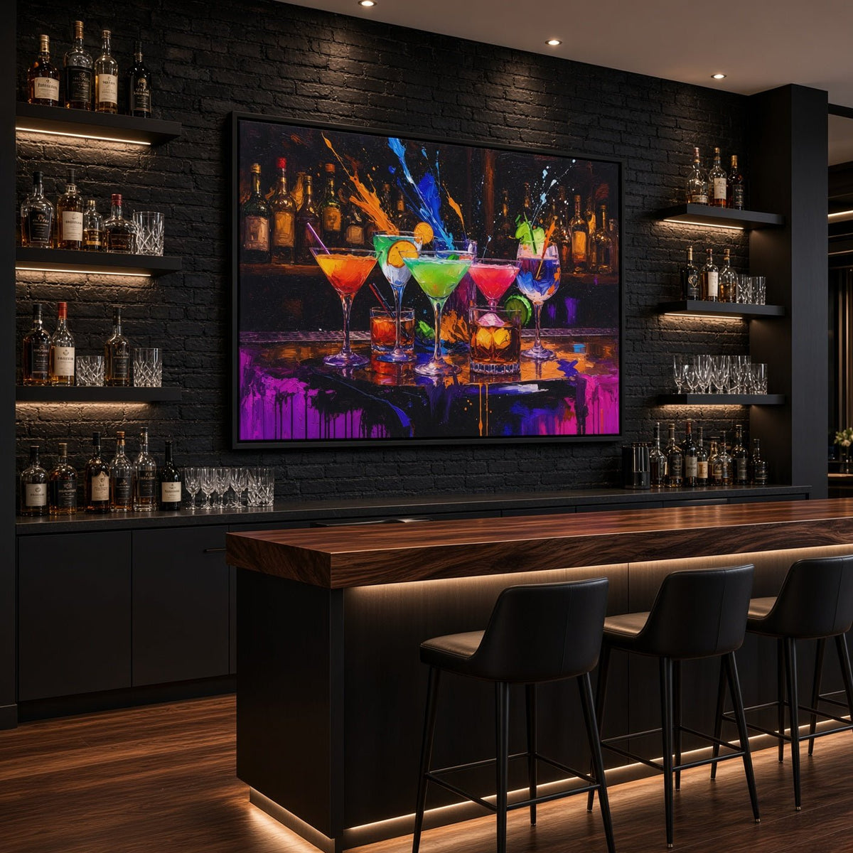 Black-framed bar artwork featuring colorful cocktails on a counter