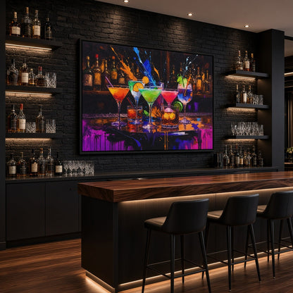 Black-framed bar artwork featuring colorful cocktails on a counter