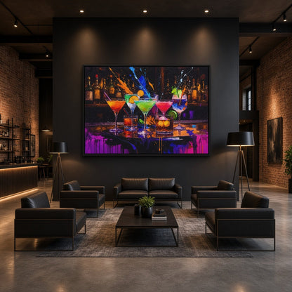 Framed bar art showing vibrant cocktails against a colorful, painterly bar scene