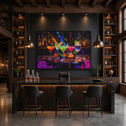Cocktail-themed wall art with vivid drinks and expressive splashes of color