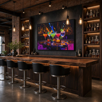 Cocktail bar canvas art with bright drinks and expressive splashes of color