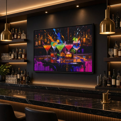 Framed cocktail bar art featuring bright drinks and bold abstract colors