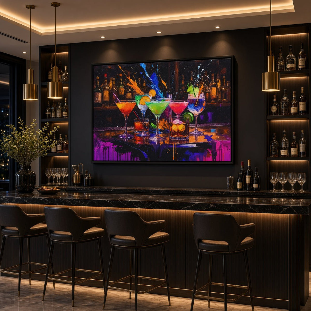 Colorful cocktail canvas art with a lively bar scene and vivid paint strokes