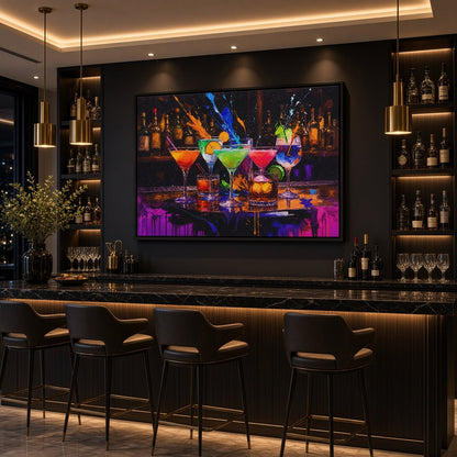Colorful cocktail canvas art with a lively bar scene and vivid paint strokes