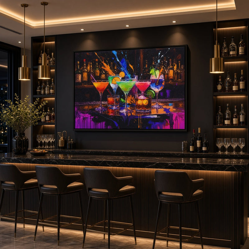 Colorful cocktail canvas art with a lively bar scene and vivid paint strokes
