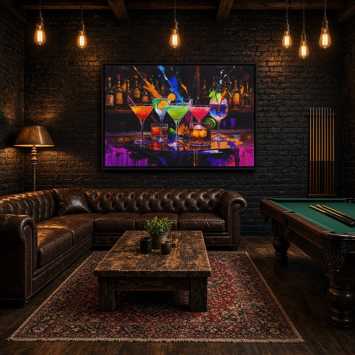 Bar canvas artwork showing colorful cocktails against a dark, painterly background