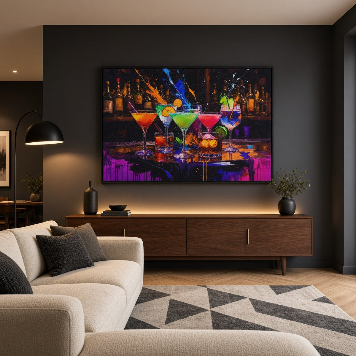 Bar art print with colorful cocktails and splashes, displayed above a console