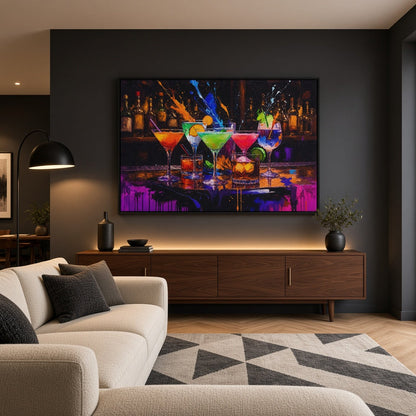 Bar art print with colorful cocktails and splashes, displayed above a console