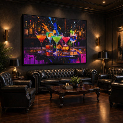 Framed bar art print of colorful cocktails, displayed above a leather sofa