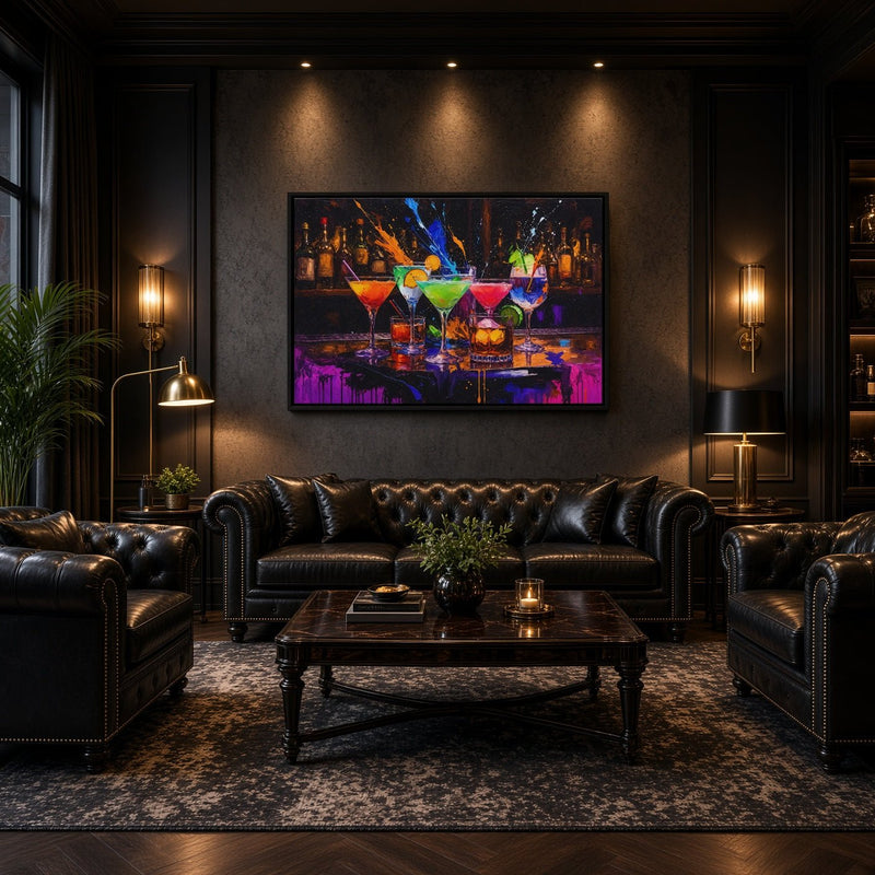 Bar art print featuring bright cocktails, displayed above a leather sofa