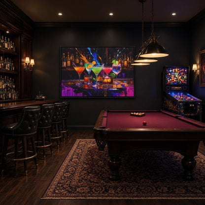 Black-framed bar artwork depicting colorful cocktails on a counter