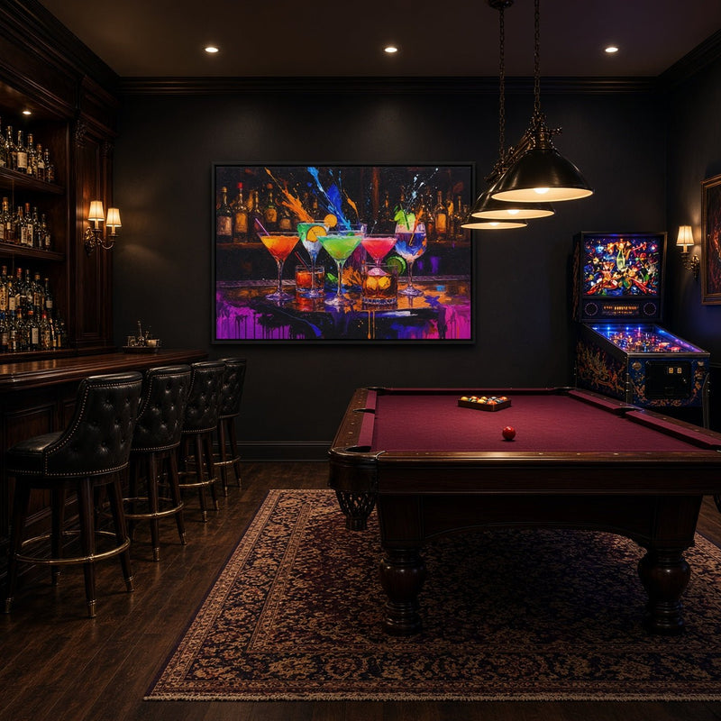 Black-framed bar artwork depicting colorful cocktails on a counter