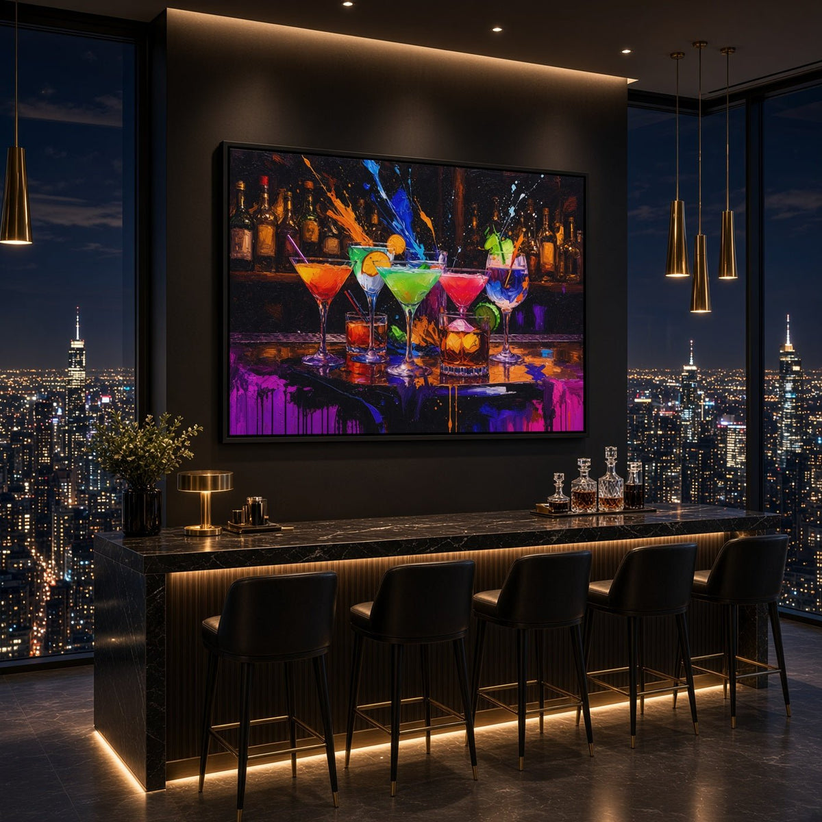 Cocktail bar art print with colorful drinks, shown on a modern bar wall