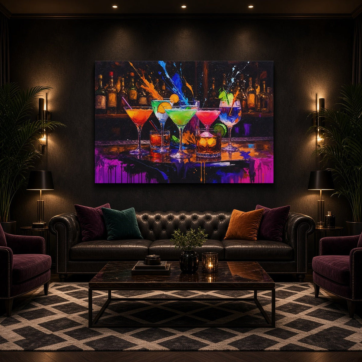 Bar art canvas featuring colorful cocktails on a counter, in a black frame