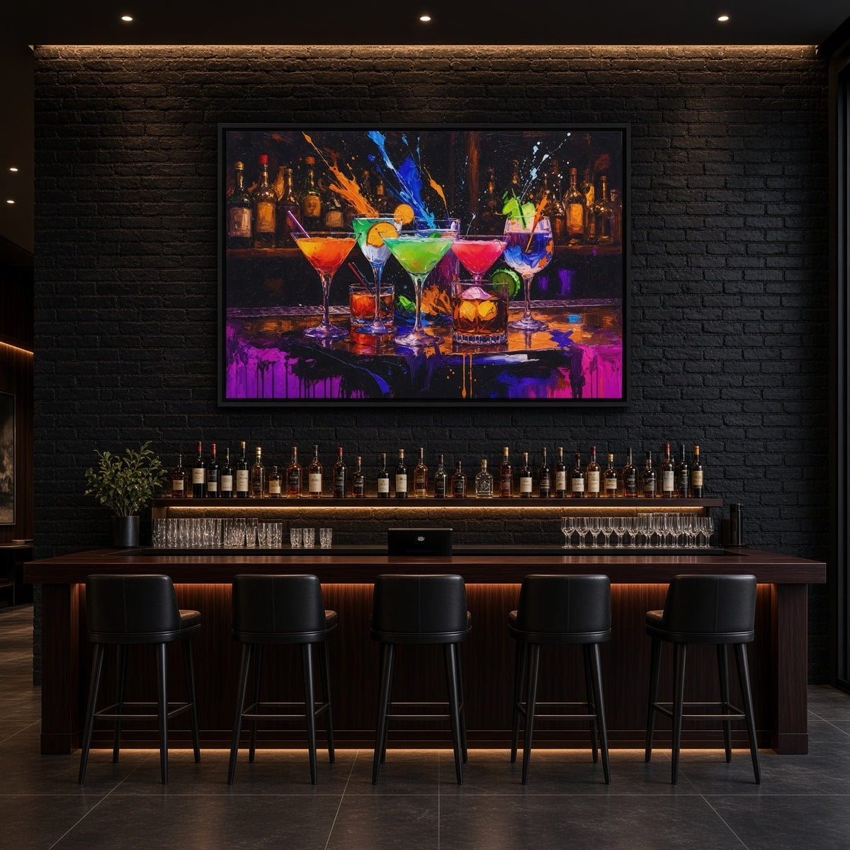 Bar art print of vivid cocktails and bottles, displayed in a black frame