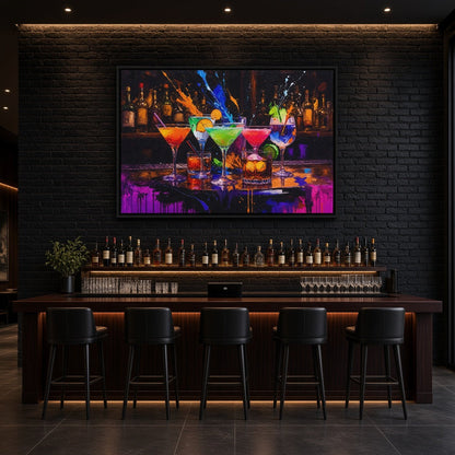 Bar art print of vivid cocktails and bottles, displayed in a black frame