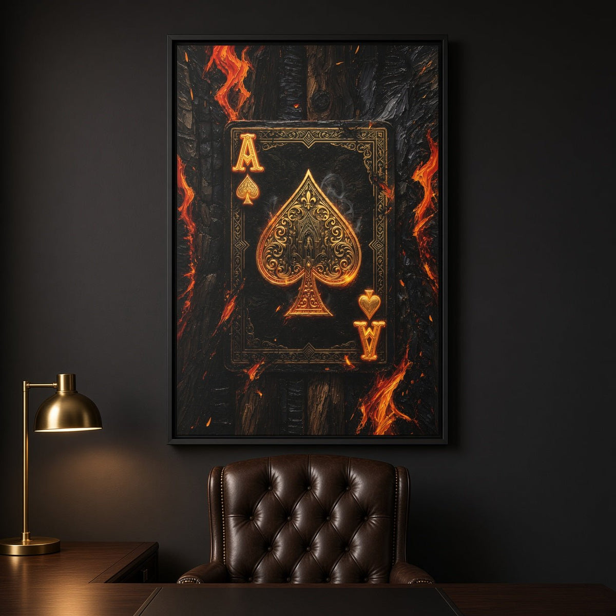 Framed canvas wall art with gold ace of spades and orange flames on dark background