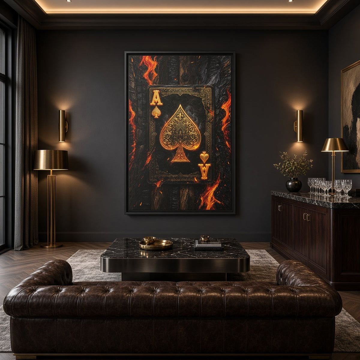 Framed canvas centered on wall, burning ace of spades with orange flames, black frame