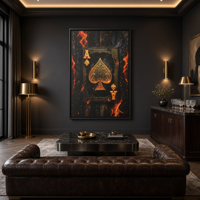 Framed canvas centered on wall, burning ace of spades with orange flames, black frame