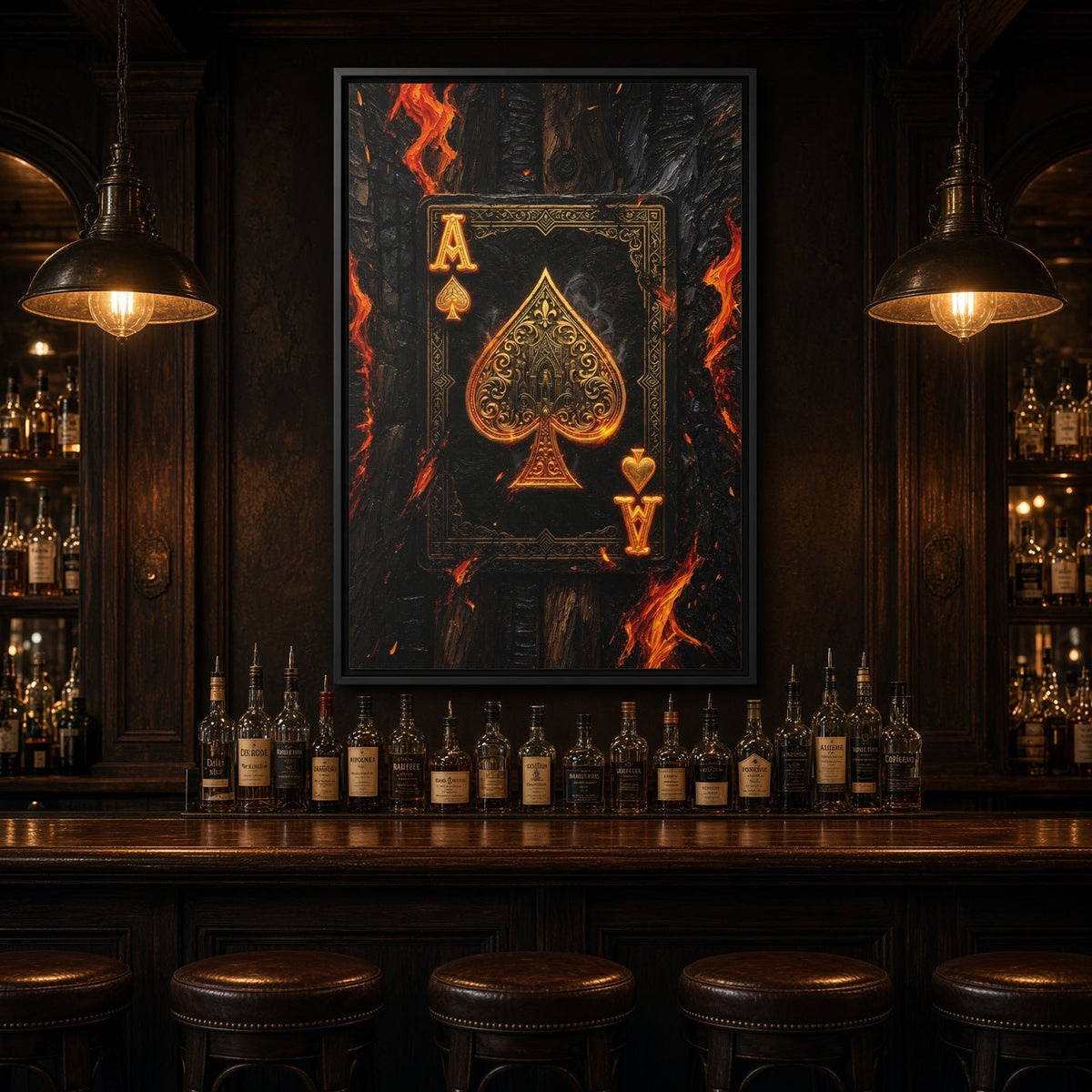 Wall-hung framed canvas artwork of burning ace of spades with orange flames, black frame