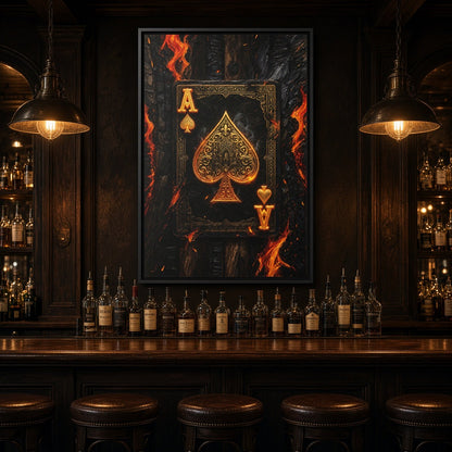 Wall-hung framed canvas artwork of burning ace of spades with orange flames, black frame