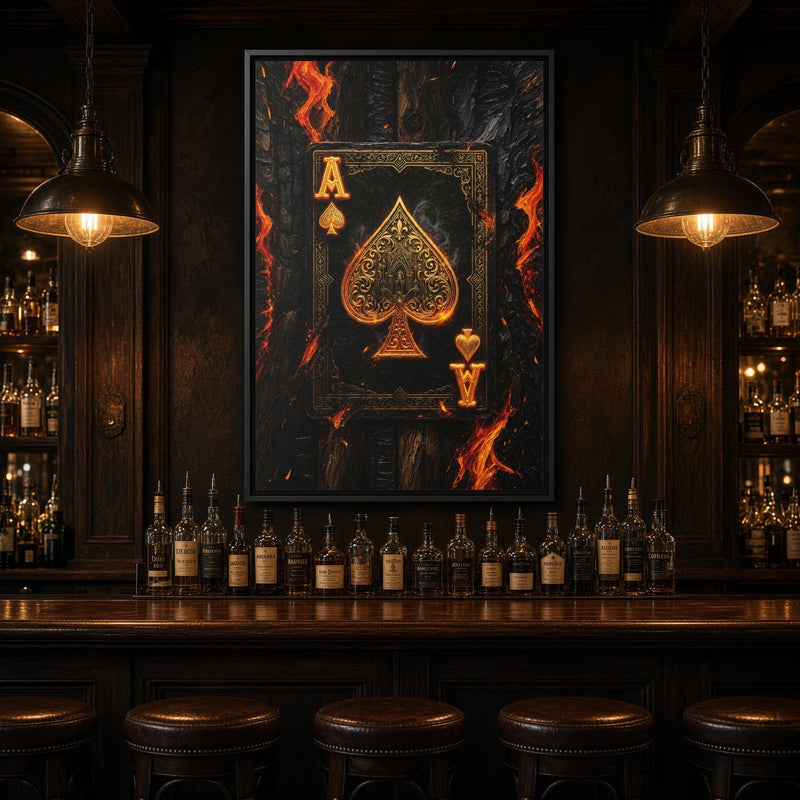 Wall-hung framed canvas artwork of burning ace of spades with orange flames, black frame