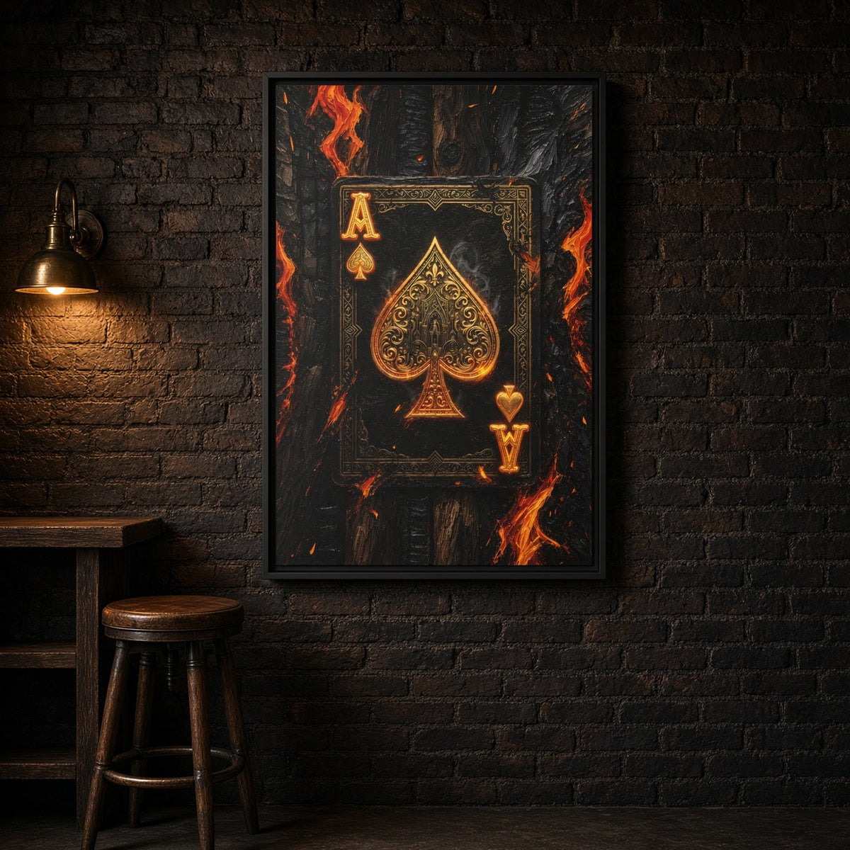 Framed canvas wall art with gold ace of spades card surrounded by orange fire accents
