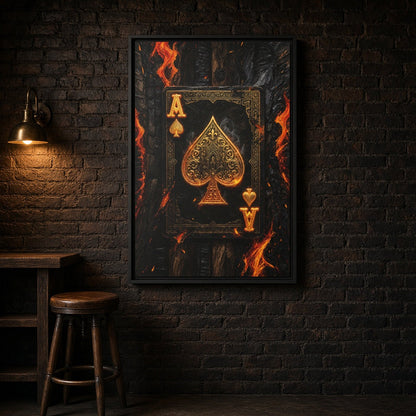 Framed canvas wall art with gold ace of spades card surrounded by orange fire accents