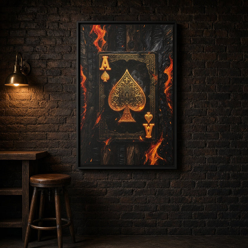 Framed canvas wall art with gold ace of spades card surrounded by orange fire accents