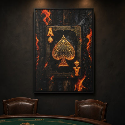 Framed canvas wall art featuring gold ace of spades over fiery orange details