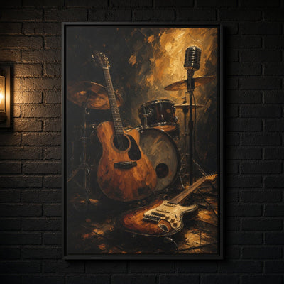 Framed music canvas art with guitar, electric guitar, drums, and microphone
