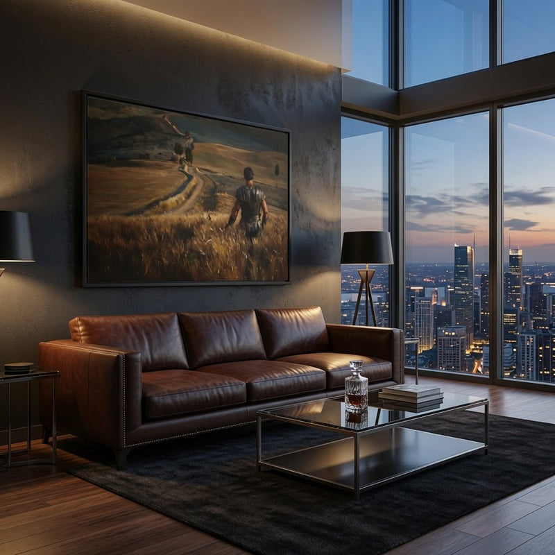 Black-framed matte canvas print mounted on a wall, with figures on a winding path through grass