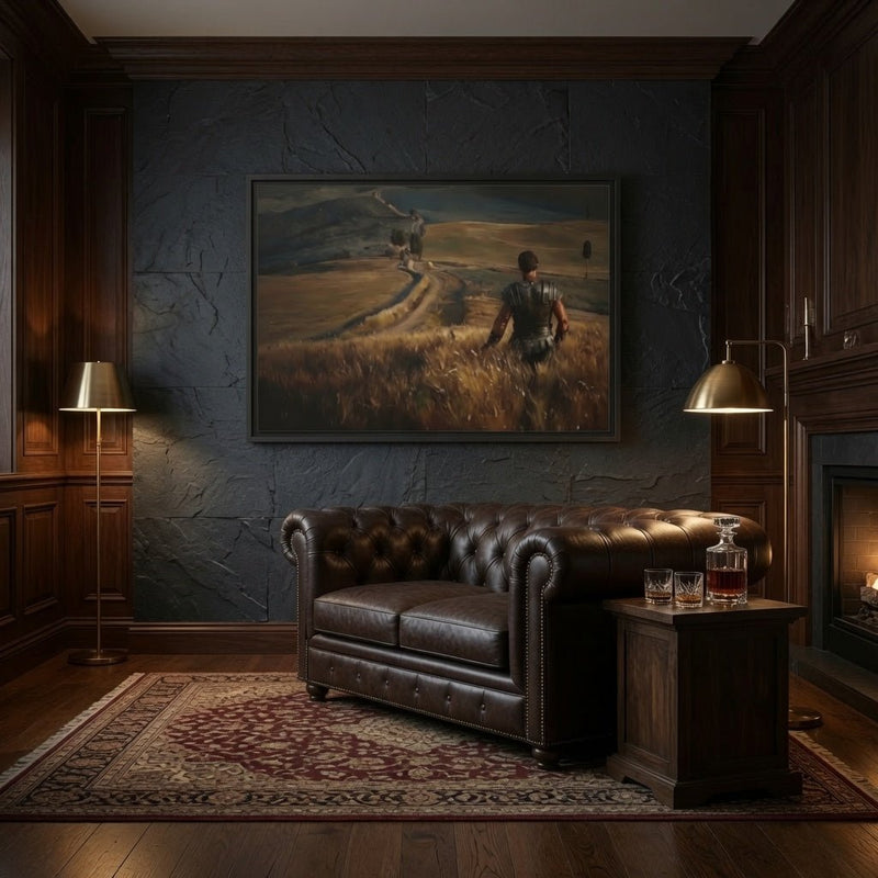 Black-framed matte canvas print on a dark wall, showing a figure on a winding grassy path