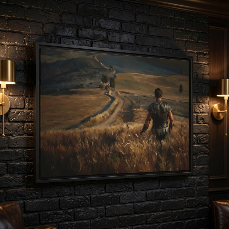 Black framed matte canvas with warrior scene and open road landscape.