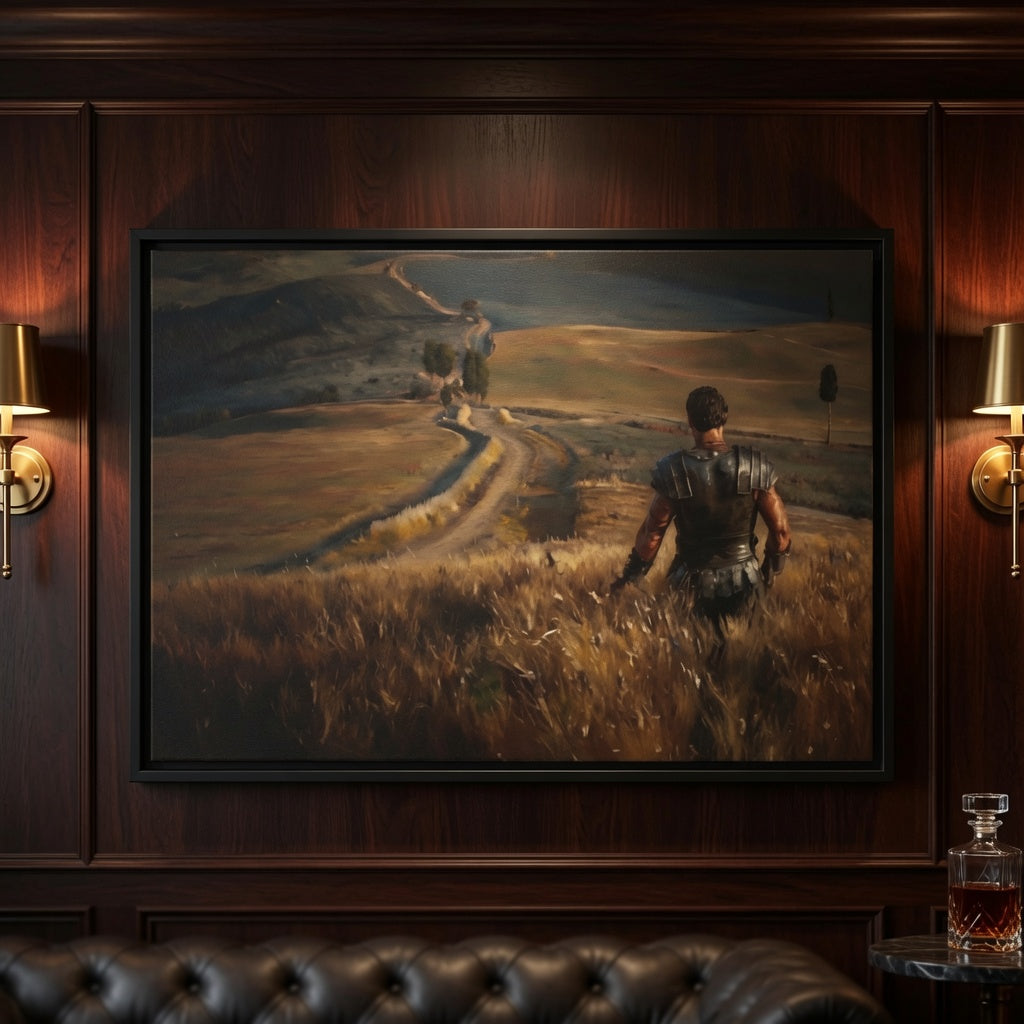 Gladiator-inspired framed matte canvas with warrior on path, wood frame