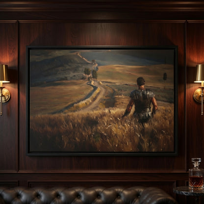 Gladiator-inspired framed matte canvas with warrior on path, wood frame