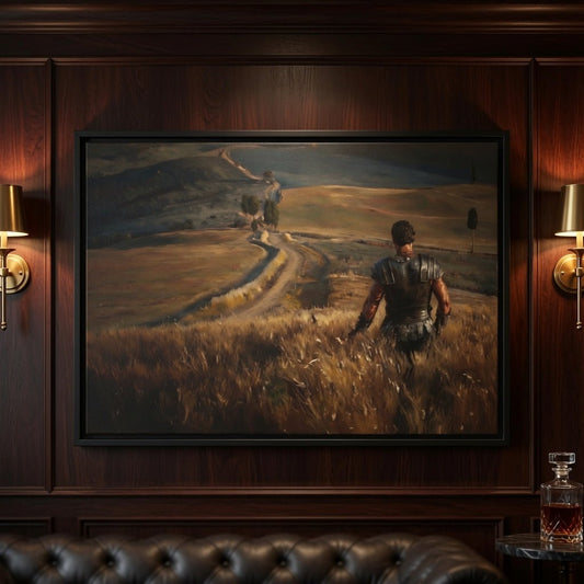 Black framed matte canvas featuring a warrior walking through tall grass.