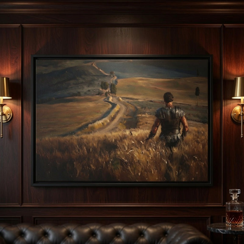 Black framed matte canvas featuring a warrior walking through tall grass.