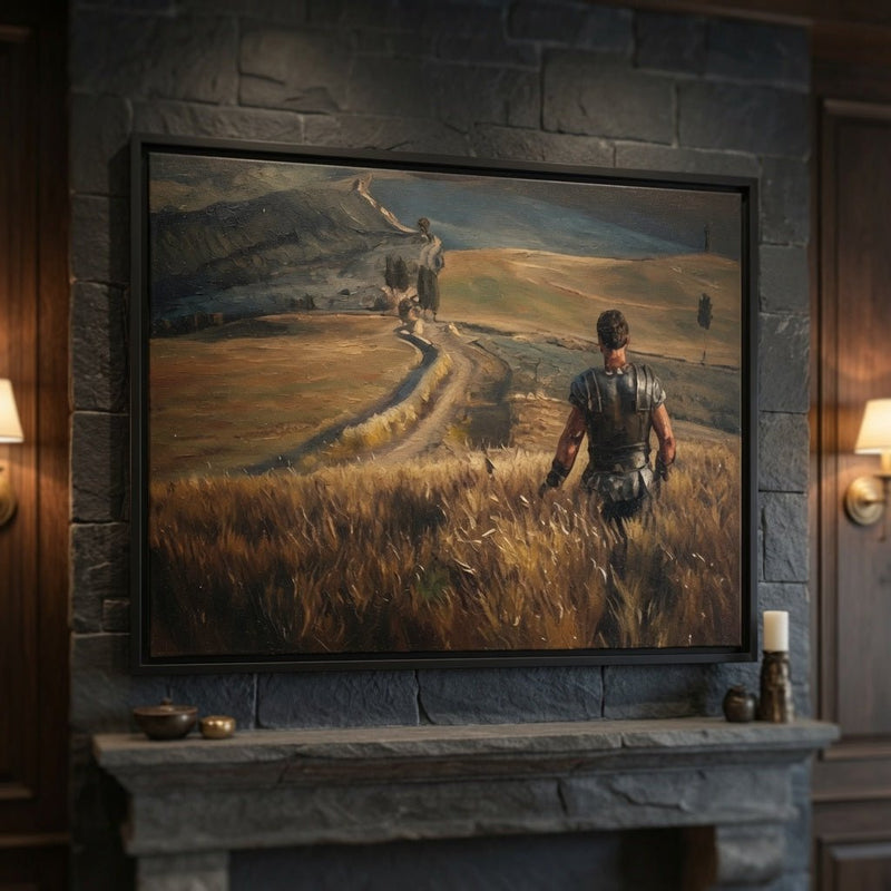 Black framed matte canvas with warrior figure in field and winding path.