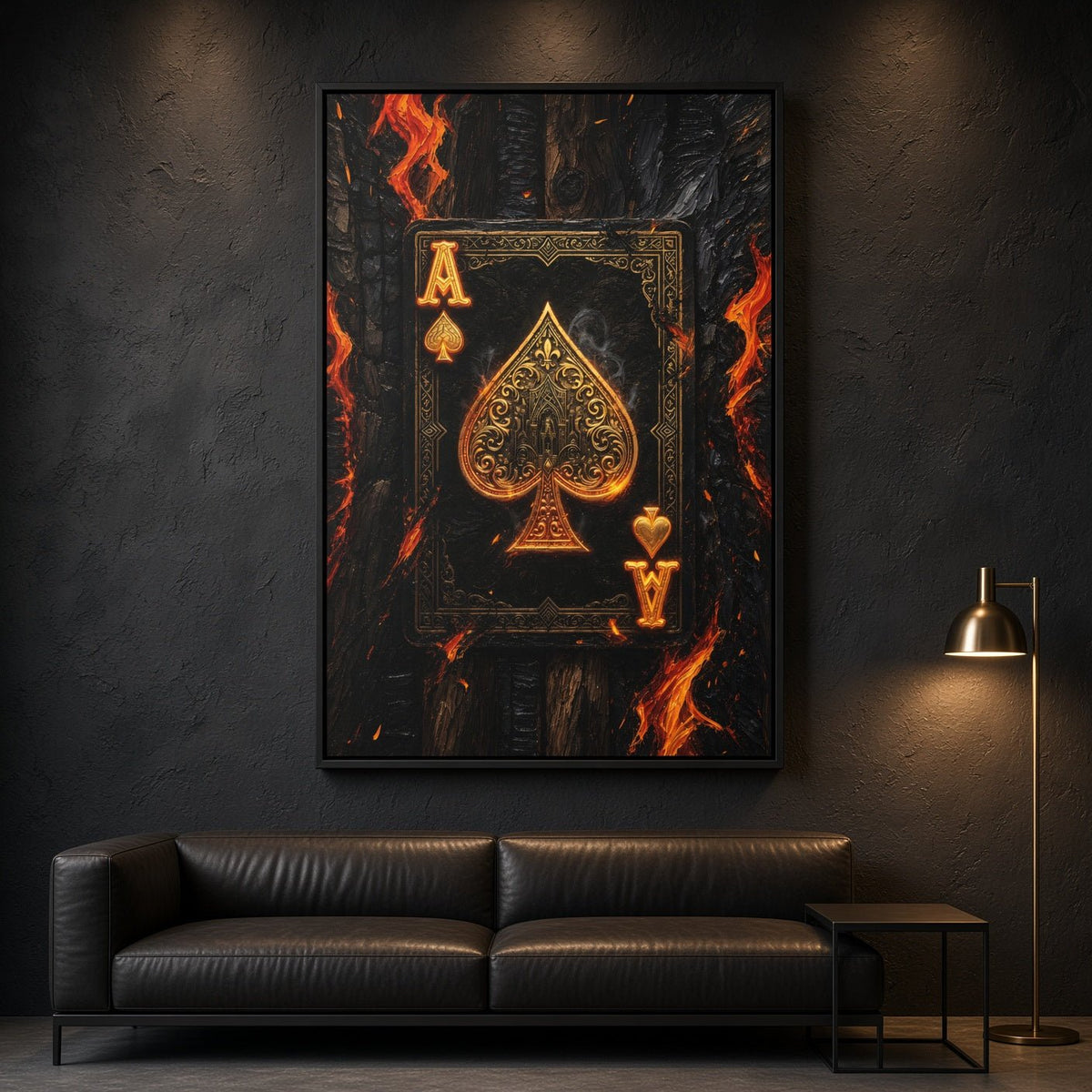 Framed canvas wall art showing gold ace of spades card with orange flame streaks