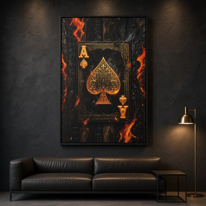 Framed canvas wall art showing gold ace of spades card with orange flame streaks