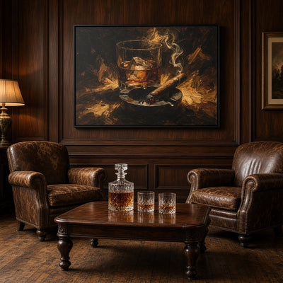 Framed canvas wall art with dark wood surround; warm amber drink and smoke graphic