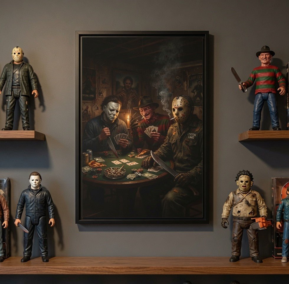 Framed matte canvas print with black frame and horror poker table scene
