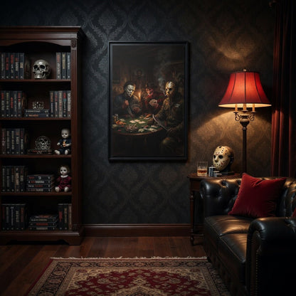 Framed matte canvas wall art with three horror figures playing poker at a table