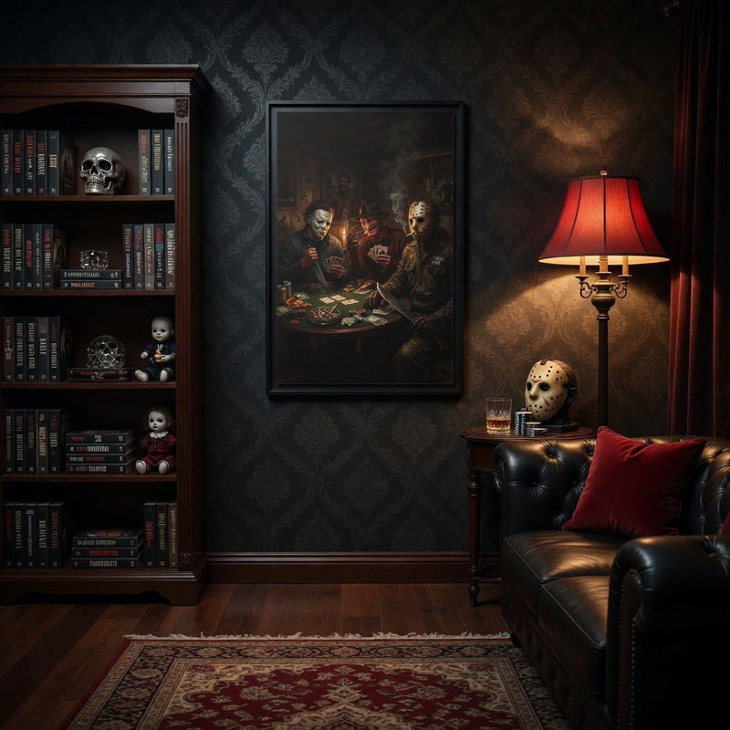 Framed matte canvas wall art with three horror figures playing poker at a table